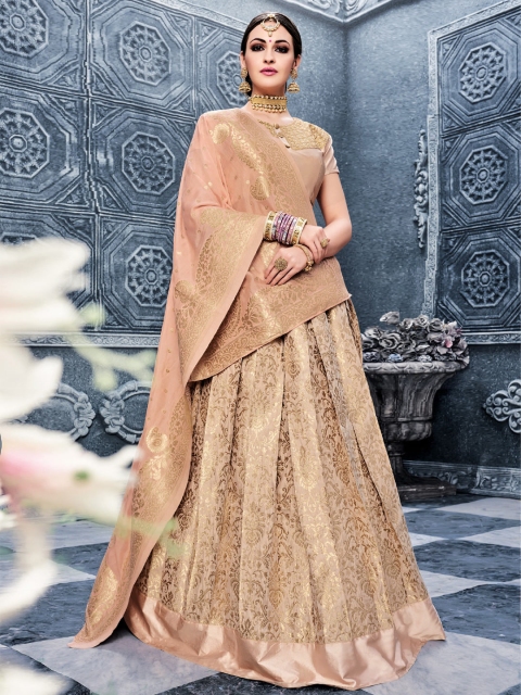 

LABEL AARNA Peach-Coloured Embellished Semi-Stitched Lehenga & Unstitched Blouse & Dupatta