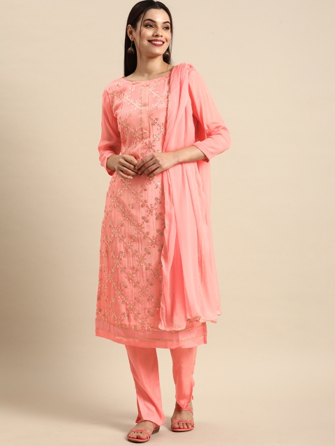 

Shaily Pink & Gold-Toned Embroidered Silk Chiffon Unstitched Dress Material