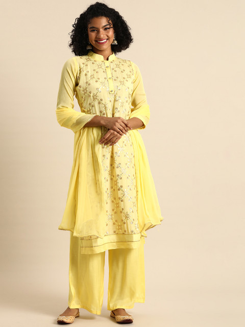 

Shaily Yellow & Golden Embroidered Silk Chiffon Unstitched Kurta Set Material