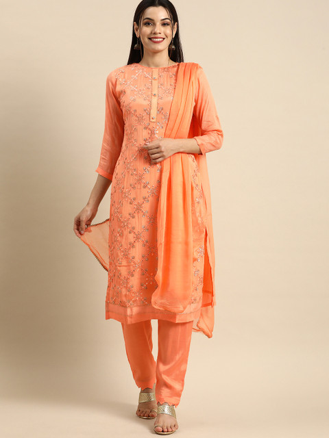 

Shaily Peach-Coloured Embroidered Silk Chiffon Unstitched Dress Material