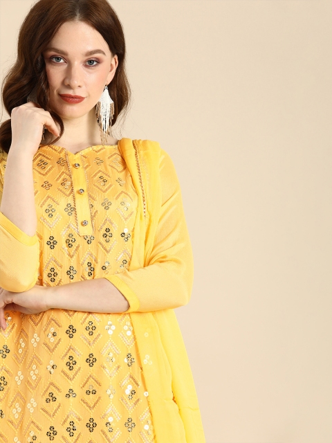 

Shaily Yellow Embroidered Sequinned Silk Chiffon Unstitched Dress Material
