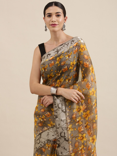 

PERFECTBLUE Taupe & Orange Floral Print Cotton Linen Saree