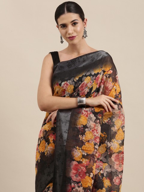 

PERFECTBLUE Black & Red Floral Print Cotton Linen Saree