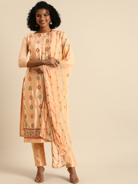 

Shaily Peach-Coloured & Beige Embroidered Silk Chiffon Unstitched Dress Material