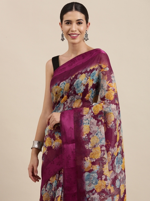

PERFECTBLUE Magenta & Blue Floral Print Cotton Linen Saree