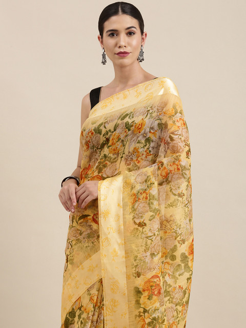 

PERFECTBLUE Yellow Floral Print Cotton Linen Saree