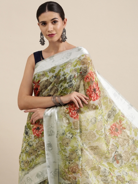 

PERFECTBLUE Grey Floral Print Cotton Linen Saree