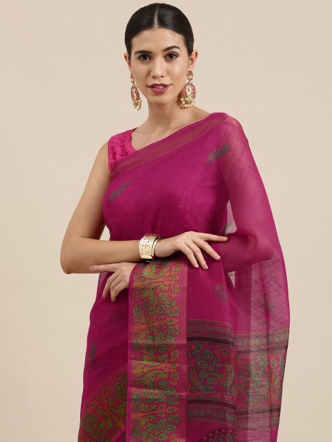 

PERFECTBLUE Maroon Floral Print Cotton Linen Saree
