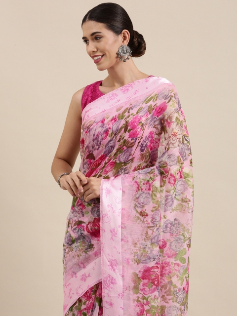 

PERFECTBLUE Pink Floral Print Cotton Linen Saree