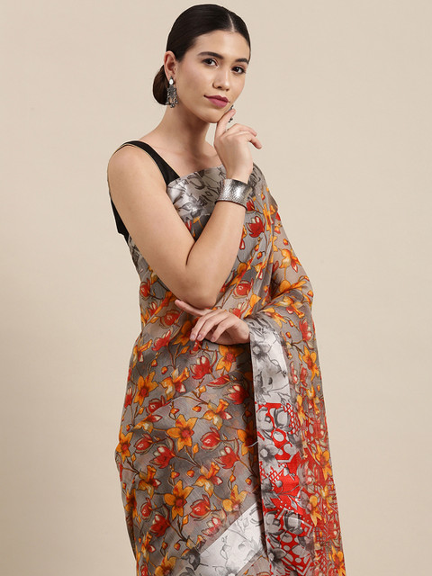 

PERFECTBLUE Grey & Red Floral Print Cotton Linen Saree