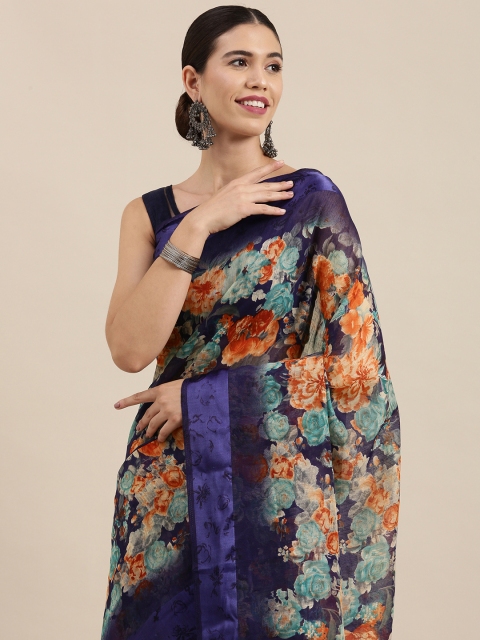 

PERFECTBLUE Navy Blue Floral Print Cotton Linen Saree