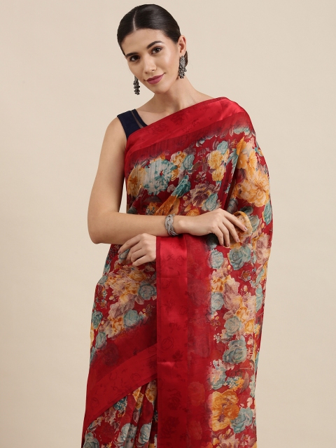 

PERFECTBLUE Maroon Floral Print Cotton Linen Saree