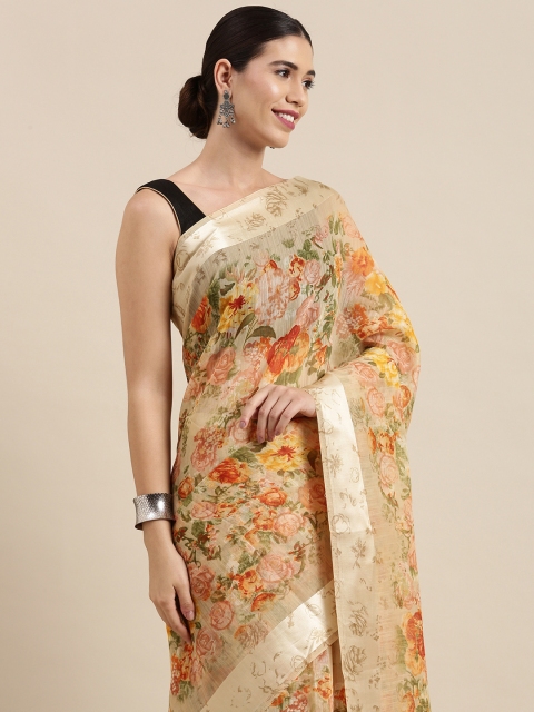 

PERFECTBLUE Beige & Orange Floral Print Cotton Linen Saree