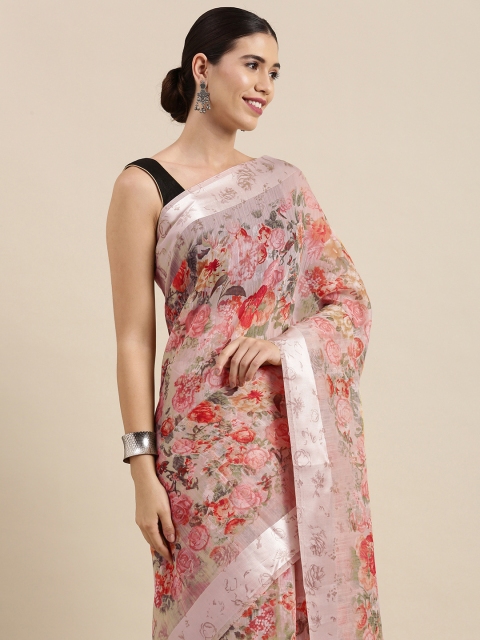 

PERFECTBLUE Peach-Coloured & Yellow Floral Print Cotton Linen Saree