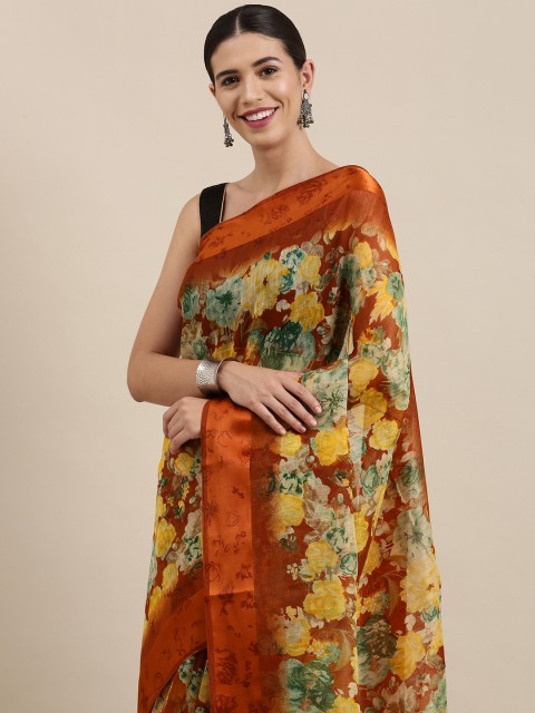 

PERFECTBLUE Maroon & Yellow Floral Print Cotton Linen Saree