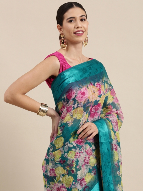 

PERFECTBLUE Teal Blue & Pink Floral Print Cotton Linen Saree