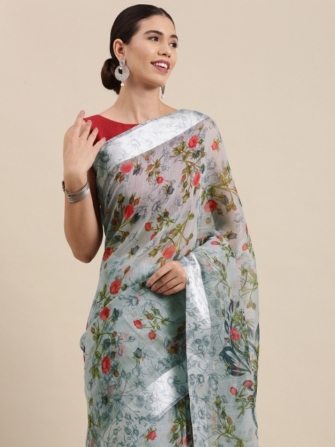 

PERFECTBLUE Grey Floral Print Cotton Linen Saree