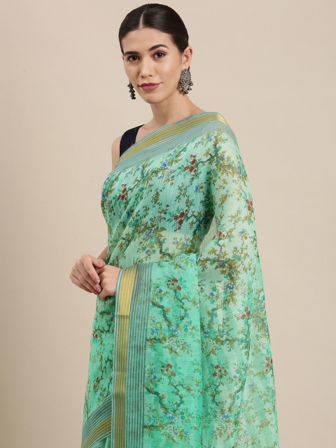 

PERFECTBLUE Green Floral Print Cotton Linen Saree