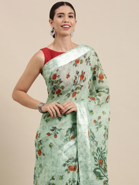 

PERFECTBLUE Mint Green & Rust Red Floral Print Cotton Linen Saree