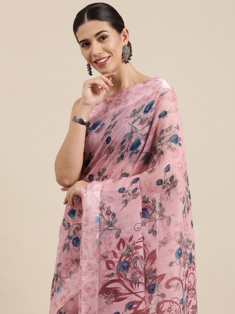 

PERFECTBLUE Pink Floral Print Cotton Linen Saree