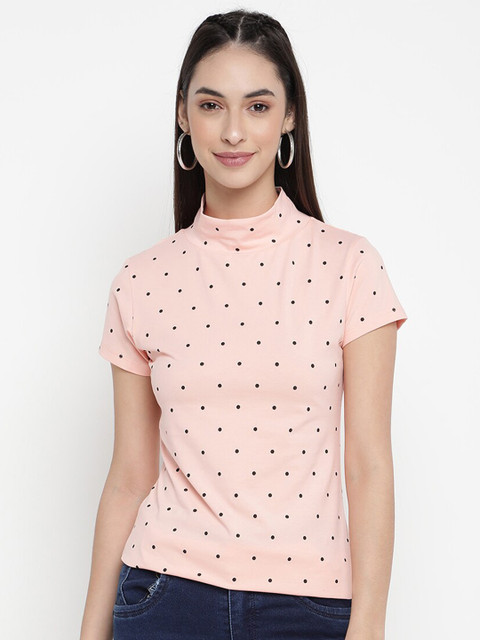 

V2 Value & Variety Peach-Coloured & Black Polka-Dot Print Top