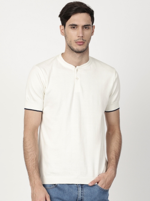 

ether Men Cream-Coloured Solid Henley T-shirt