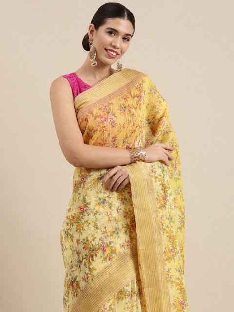 

PERFECTBLUE Yellow Floral Print Cotton Linen Saree