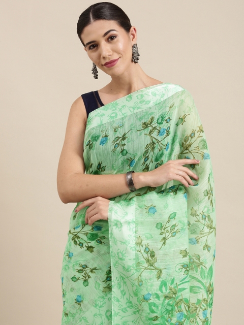 

PERFECTBLUE Green Floral Print Cotton Linen Saree