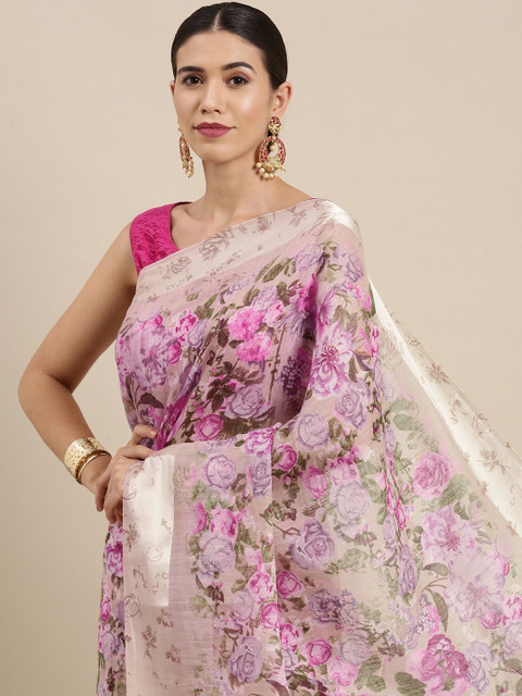 

PERFECTBLUE Pink Floral Print Cotton Linen Saree