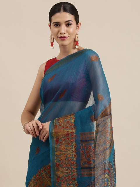 

PERFECTBLUE Teal Blue Floral Print Cotton Linen Saree