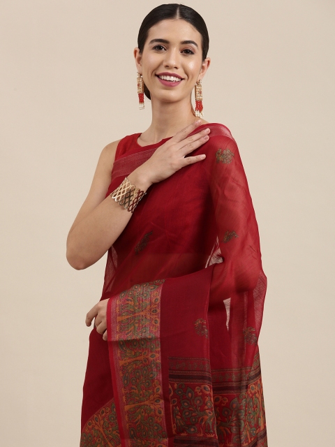 

PERFECTBLUE Maroon Floral Print Cotton Linen Saree
