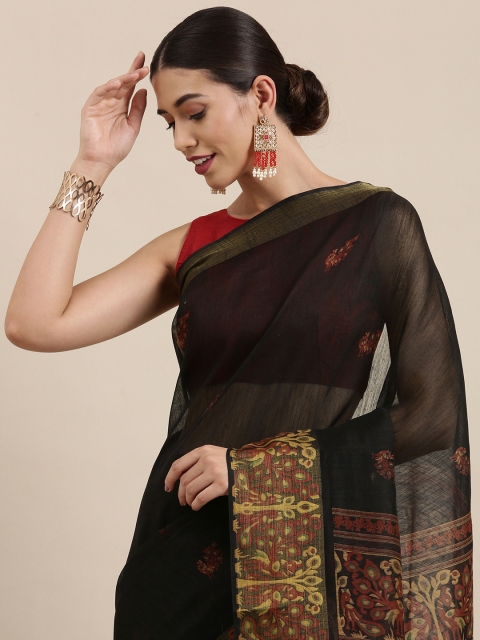 

PERFECTBLUE Black Floral Print Cotton Linen Saree