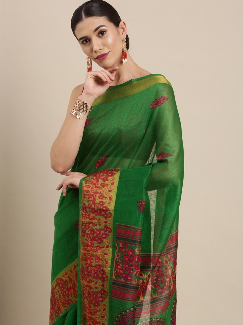 

PERFECTBLUE Green Floral Print Cotton Linen Saree
