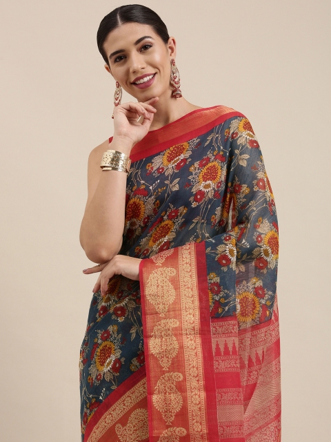 

PERFECTBLUE Navy Blue & Red Floral Print Cotton Linen Saree