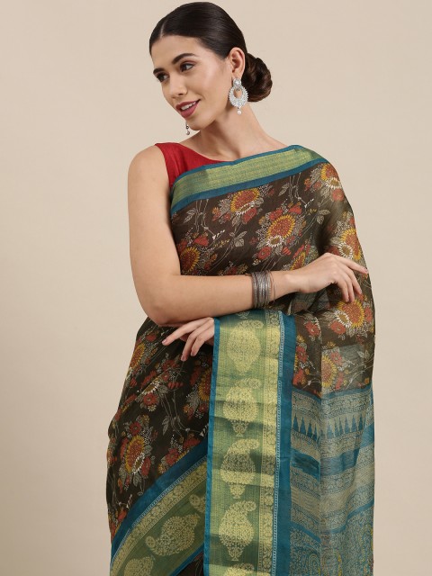 

PERFECTBLUE Coffee Brown & Red Floral Print Cotton Linen Saree