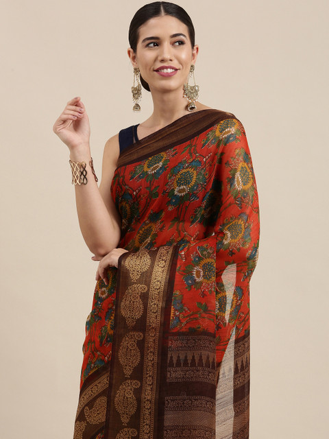

PERFECTBLUE Orange & Green Floral Saree