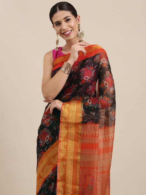 

PERFECTBLUE Black & Red Floral Print Cotton Linen Saree