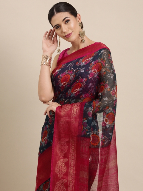 

PERFECTBLUE Navy Blue & Pink Floral Print Cotton Linen Saree