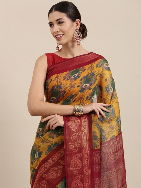 

PERFECTBLUE Mustard Yellow & Blue Floral Print Cotton Linen Saree