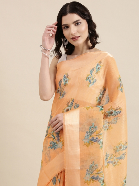 

PERFECTBLUE Peach-Coloured Floral Print Cotton Linen Saree