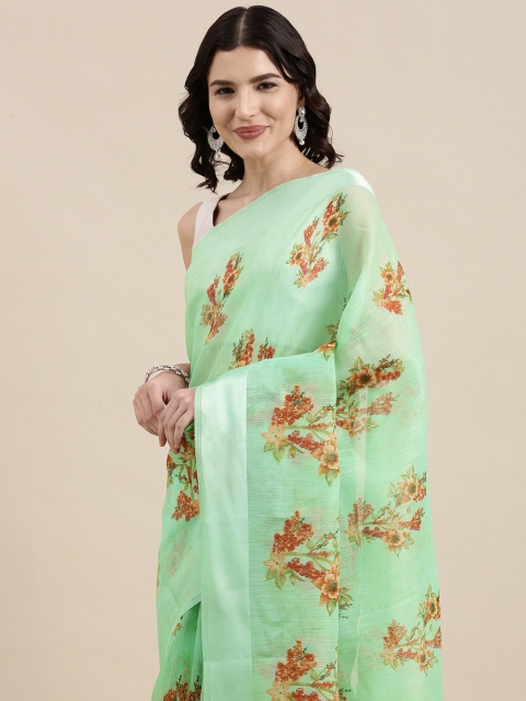 

PERFECTBLUE Mint Green Floral Print Cotton Linen Saree