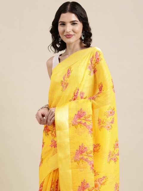

PERFECTBLUE Yellow Floral Print Cotton Linen Saree