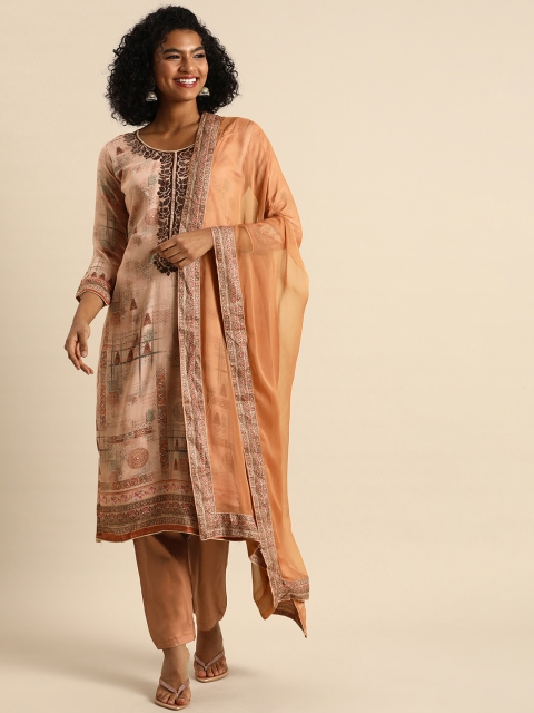 

Shaily Brown and Peach-coloured Embroidered Satin Unstitched Dress Material