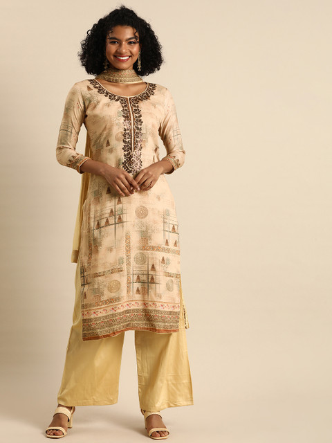 

Shaily Cream-Coloured & Beige Embroidered Satin Unstitched Dress Material