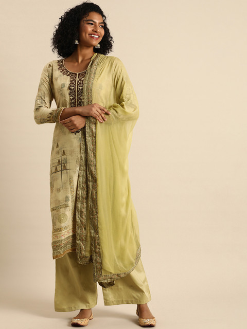 

Shaily Women Green Embroidered Satin Unstitched Kurta Set Material