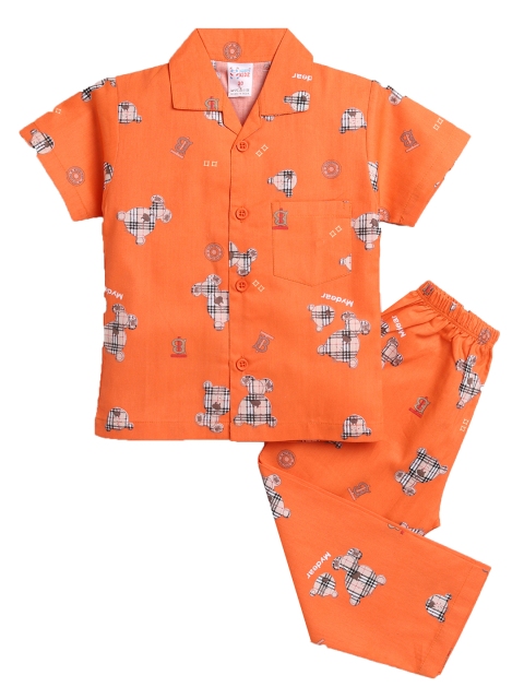 

NAUTI KIDZ Boys Orange & Beige Conversational Printed Cotton Pyjama Set