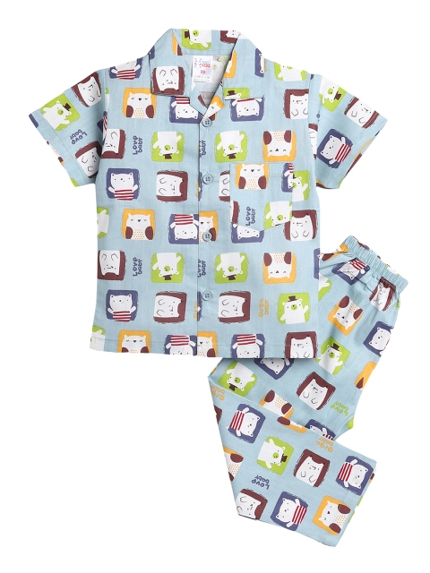 

NAUTI KIDZ Boys Blue & White Printed Pure Cotton Pyjama Set