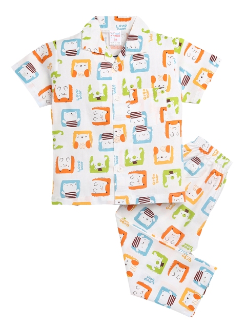 

NAUTI KIDZ Boys White & Orange Printed Cotton Pyjama Set