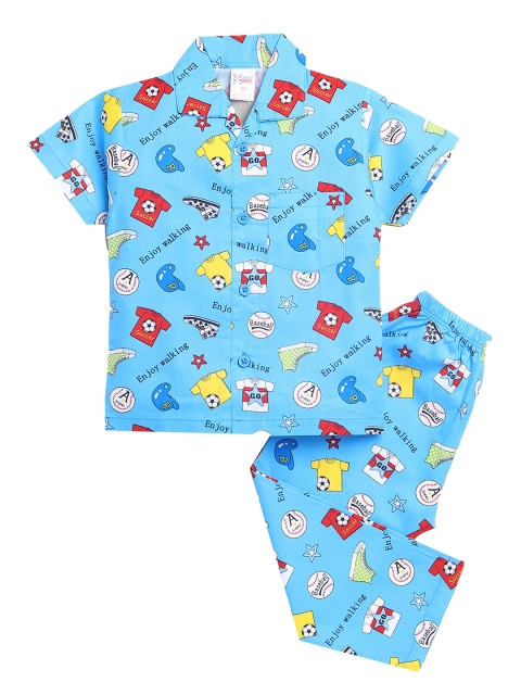 

NAUTI KIDZ Boys Blue & Red Conversational Printed Cotton Pyjama Set