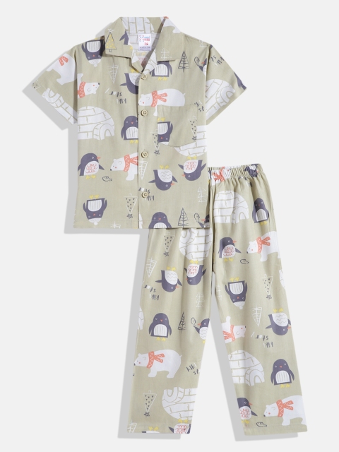 

NAUTI KIDZ Boys Khaki & White Printed Cotton Pyjama Set